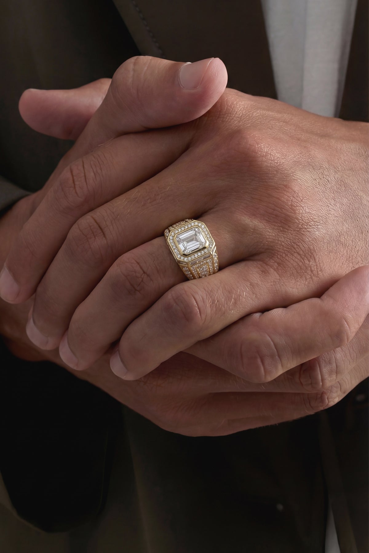 FULMEN 925 Ayar Gümüş Zirkon Taşlı Altın Renk Erkek Yüzük FMG1003-G